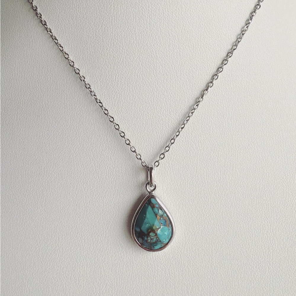 925 sterling genuine turquoise pendant stainless chain necklace